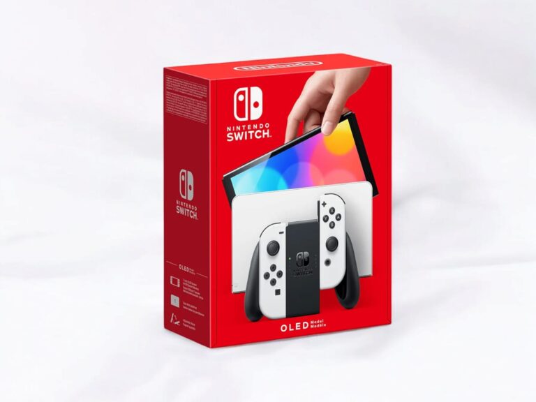 Close-up of Nintendo Switch OLED Console featuring White Joy-Con controllers, showcasing vibrant display and sleek design.