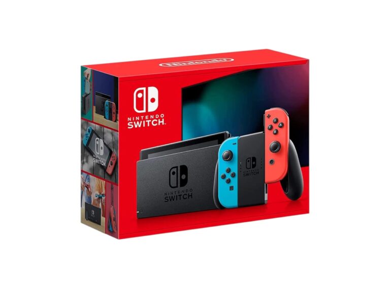 Nintendo Switch console with Neon Blue and Neon Red Joy-Con controllers